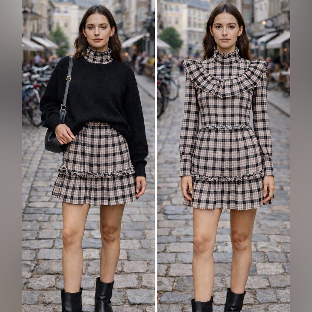 GANNI Channa Ruffled Plaid High-Neck Mini Dress | Size 6-8